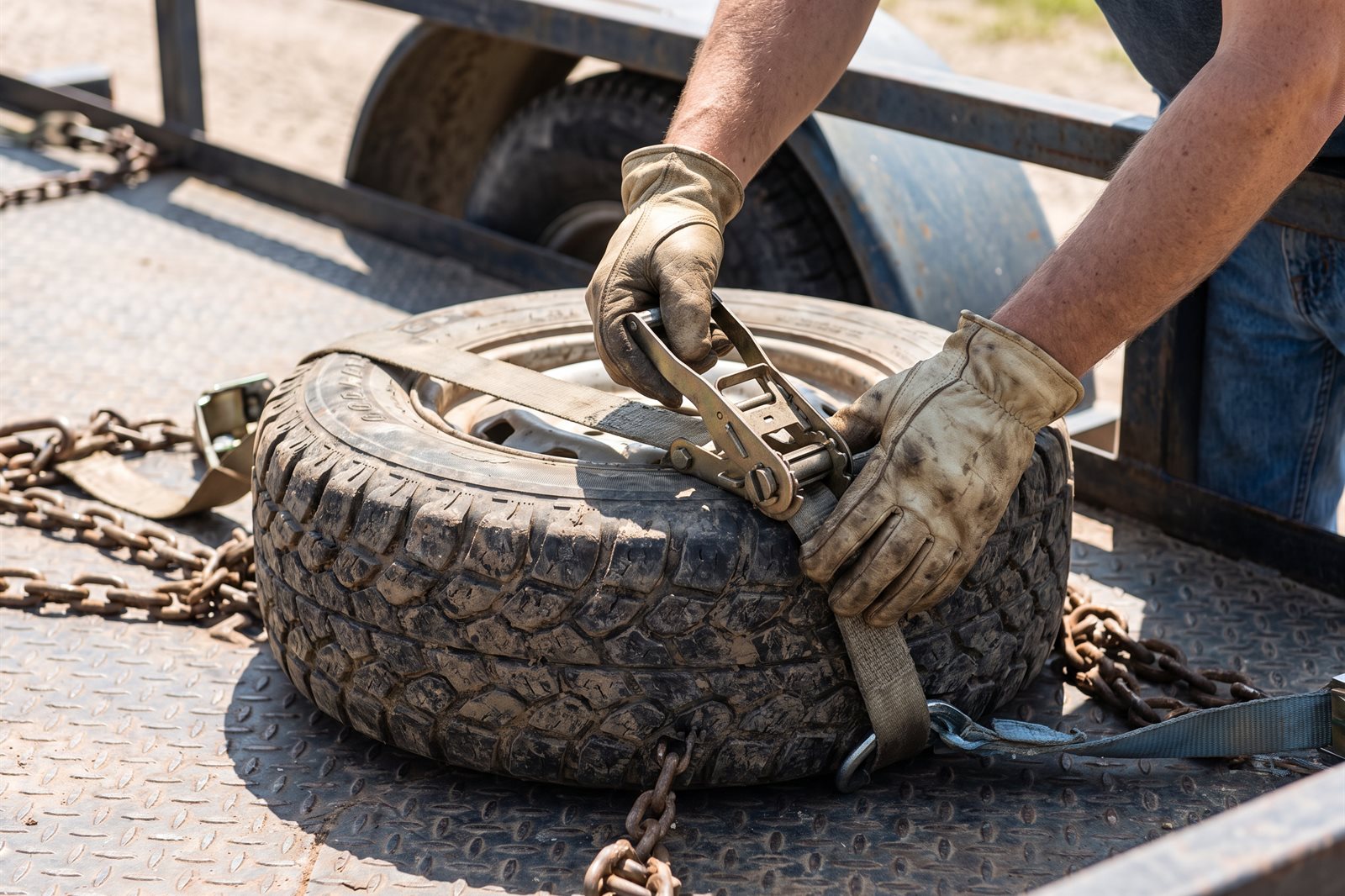 A driver tightening a ratchet strap over a vehicle wheel on the carrier deck